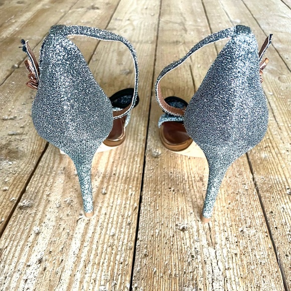 Ted Baker Bowdalo Heels Silver Shimmer Black Velvet Bow Ankle Strap EU 37.5 US 7 - Picture 6 of 13